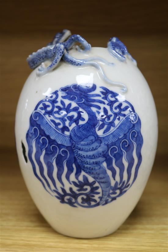 A Chinese blue and white cylindrical vase, with four-character mark and two other items,